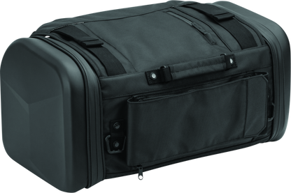 Kuryakyn Xkursion XS Steward Roll Bag for powersports vehicles, shown in black with adjustable straps and compact design.