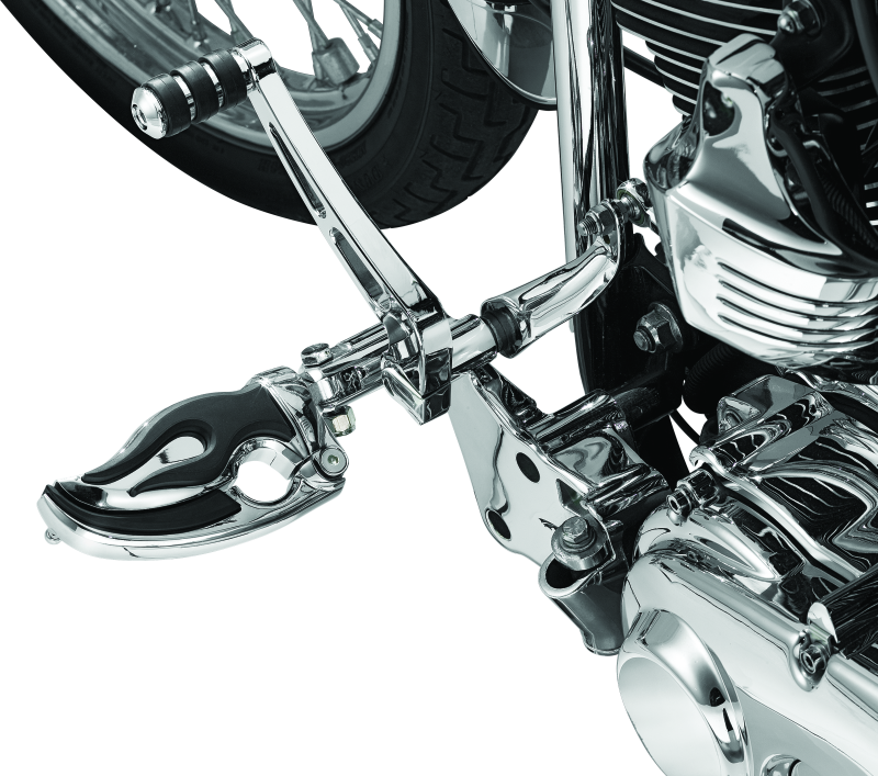 Chrome Kuryakyn Flamin Switchblade power sports footpeg with male mount adapter on motorcycle, featuring a sleek, stylish design.