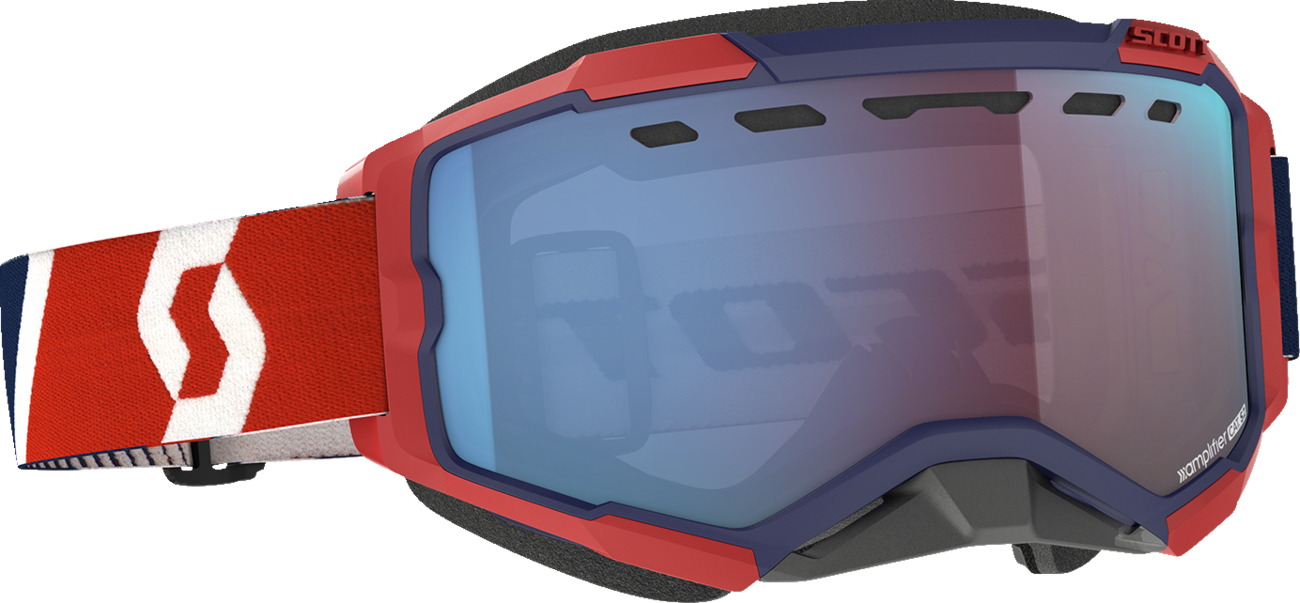 Scott Fury Snow Goggles in red and blue with enhancer blue chrome lens, designed for winter sports and outdoor activities.
