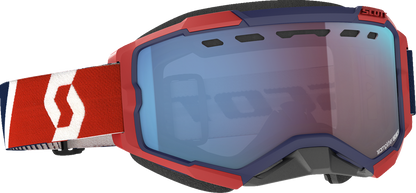 Scott Fury Snow Goggles in red and blue with enhancer blue chrome lens, designed for winter sports and outdoor activities.