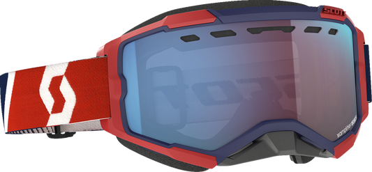 Scott Fury Snow Goggles in red and blue with enhancer blue chrome lens, designed for winter sports and outdoor activities.