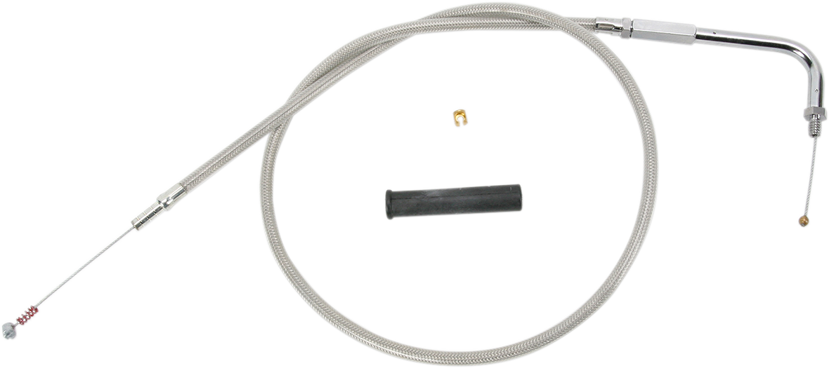 Stainless braided idle cable by Drag Specialties, 39.5 inches long, with metal ends for motorcycle throttle control.