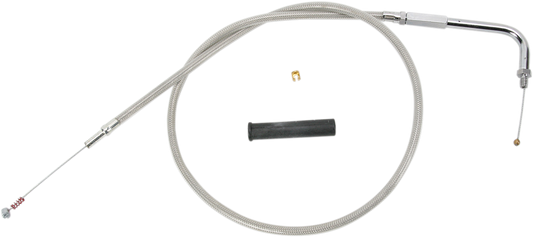 Stainless braided idle cable by Drag Specialties, 39.5 inches long, with metal ends for motorcycle throttle control.