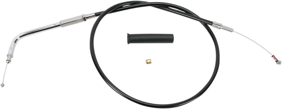 Black vinyl idle cable from DRAG SPECIALTIES, 24-1/2 inches long, with metal fittings for motorcycle throttle control.