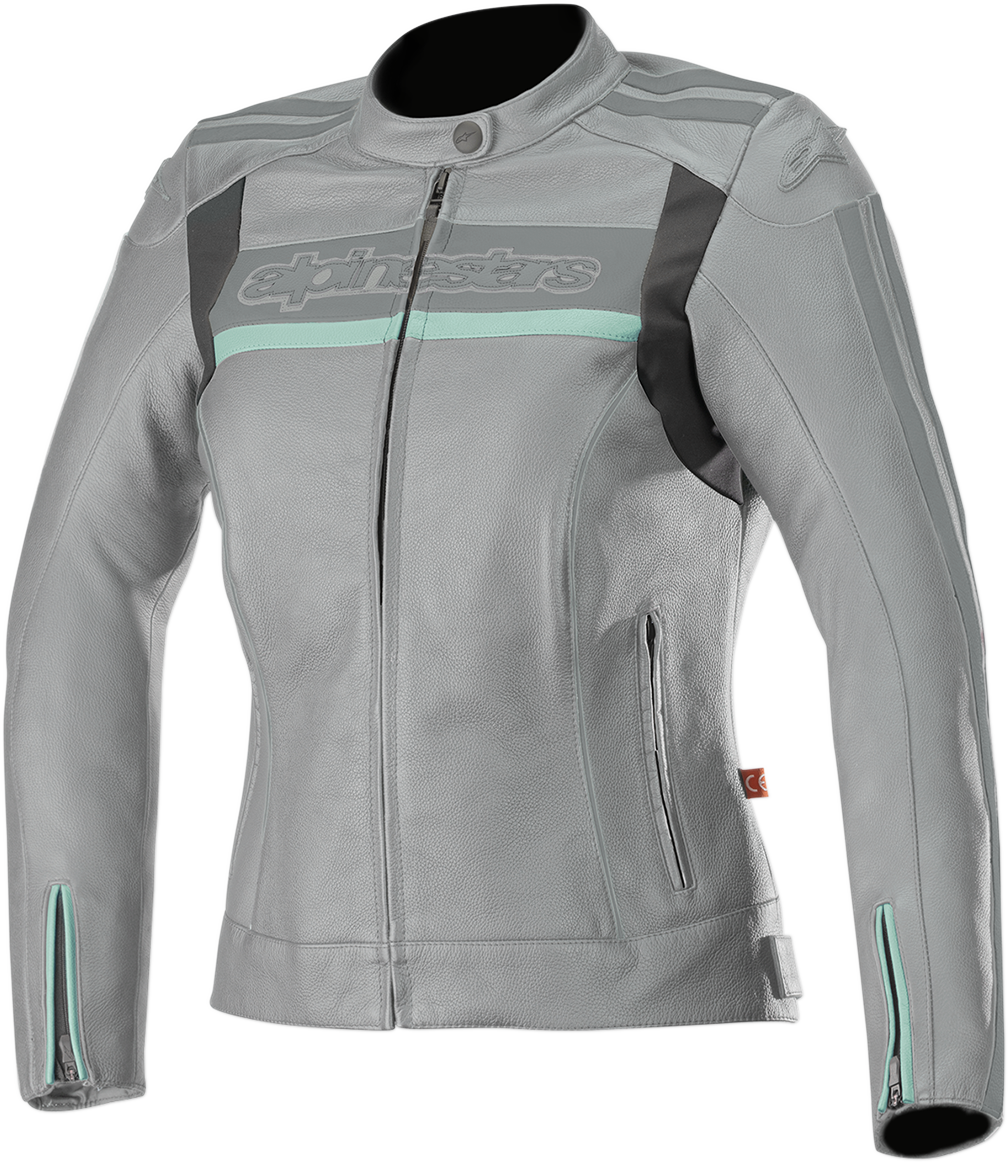 Alpinestars Stella Dyno v2 motorcycle jacket in gray and aqua, featuring protective armor and stylish design.
