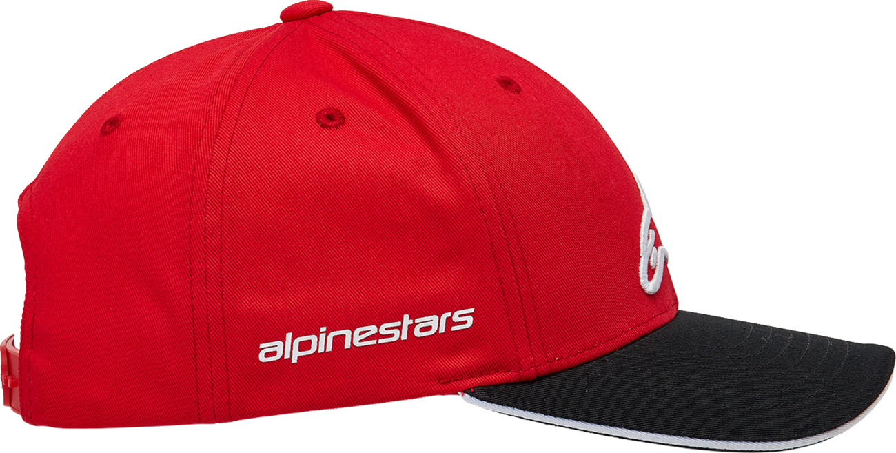Red and black ALPINESTARS Rostrum Hat by Bill's Exhausts, one size, featuring a stylish design and bold logo on the front.