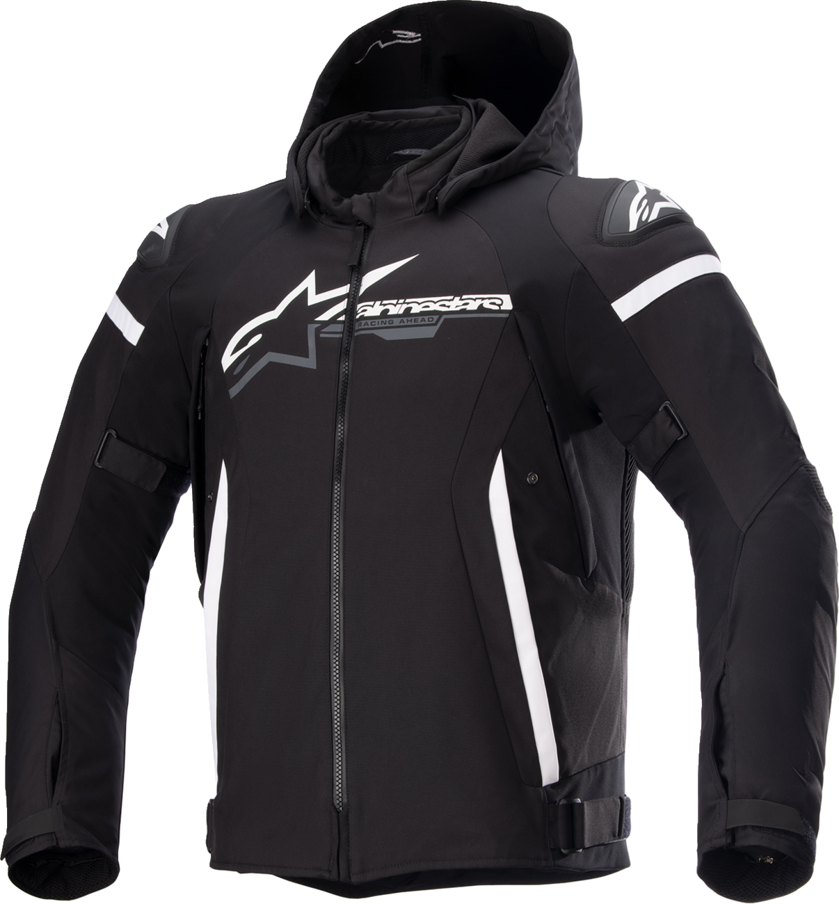 Alpinestars Zaca waterproof jacket in black and white, 2XL size, shown front view with waterproof fabric and adjustable features.