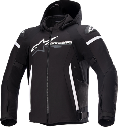 Alpinestars Zaca waterproof jacket in black and white, 2XL size, shown front view with waterproof fabric and adjustable features.