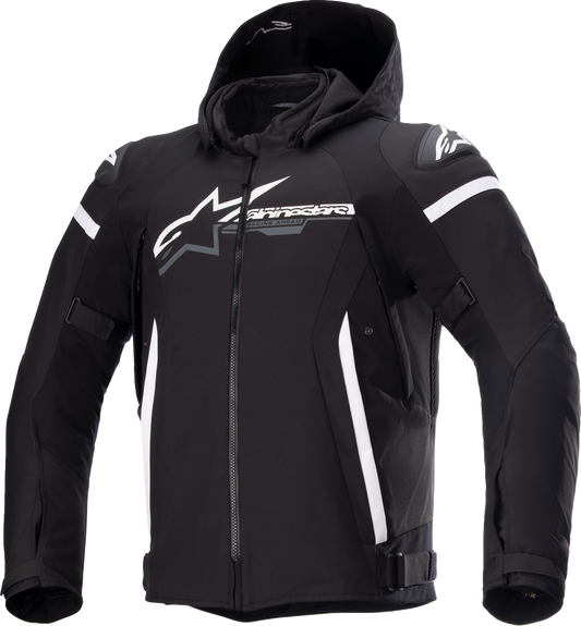 Bill's Exhausts Alpinstars Zaca waterproof jacket in black and white, medium size, showing front view with waterproof fabric and logo.