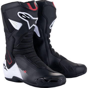 Alpinestars SMX-6 V3 motorcycle boots in black, white, and red graphic design, US 11.5/EU 46, showing side view and branding details.