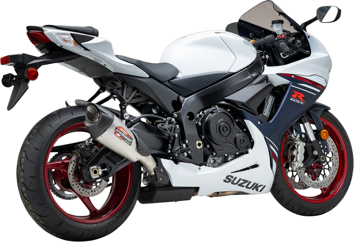 YOSHIMURA Street AT2 stainless steel exhaust with carbon fiber end cap for motorcycles, featuring a sleek, polished finish.