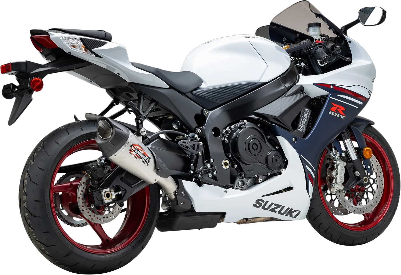 YOSHIMURA Street AT2 stainless steel exhaust with carbon fiber end cap for motorcycles, featuring a sleek, polished finish.