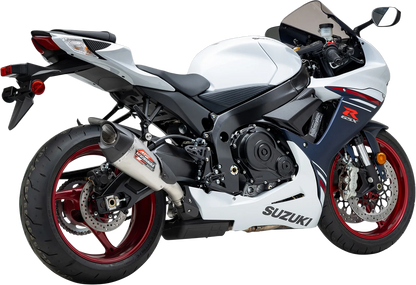 YOSHIMURA Street AT2 stainless steel exhaust with carbon fiber end cap for motorcycles, featuring a sleek, polished finish.