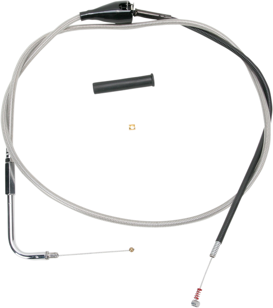 Stainless braided idle cable by DRAG SPECIALTIES, 52 inches long, with metal fittings for motorcycle throttle control.