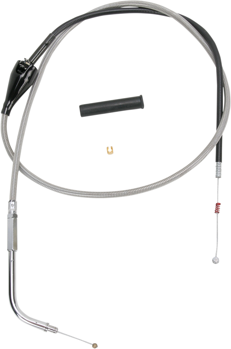Stainless braided 44-inch idle cable from DRAG SPECIALTIES with metal fittings, designed for motorcycle clutch or throttle control.
