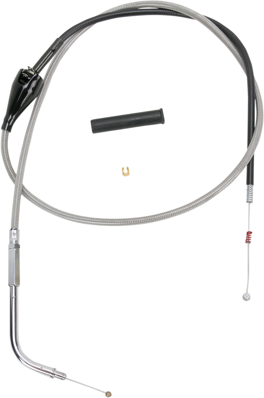 Stainless braided 44-inch idle cable from DRAG SPECIALTIES with metal fittings, designed for motorcycle clutch or throttle control.