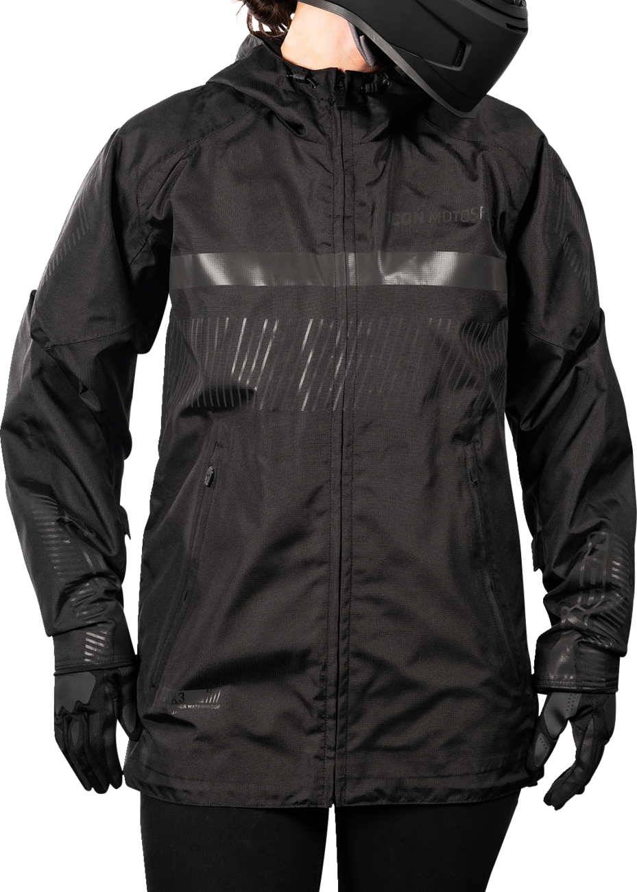 Black ICON Women’s PDX3™ jacket in medium size, featuring durable fabric and stylish design, showcased on a plain background.