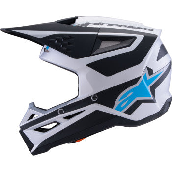 Alpinestars SM3 motorcycle helmet in matte silver, blue, and black with heat graphics, large size, front and side view