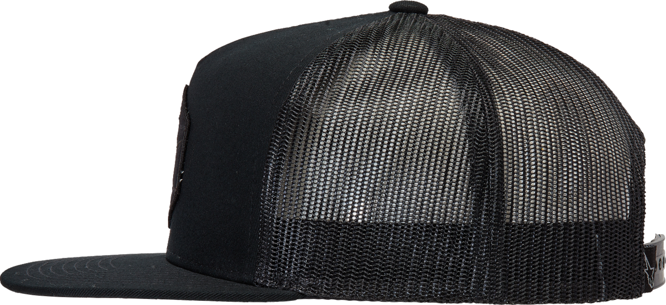 Black ALPINESTARS Bolt Trucker Hat with mesh back and embroidered logo, one size fits most, casual and sporty style.