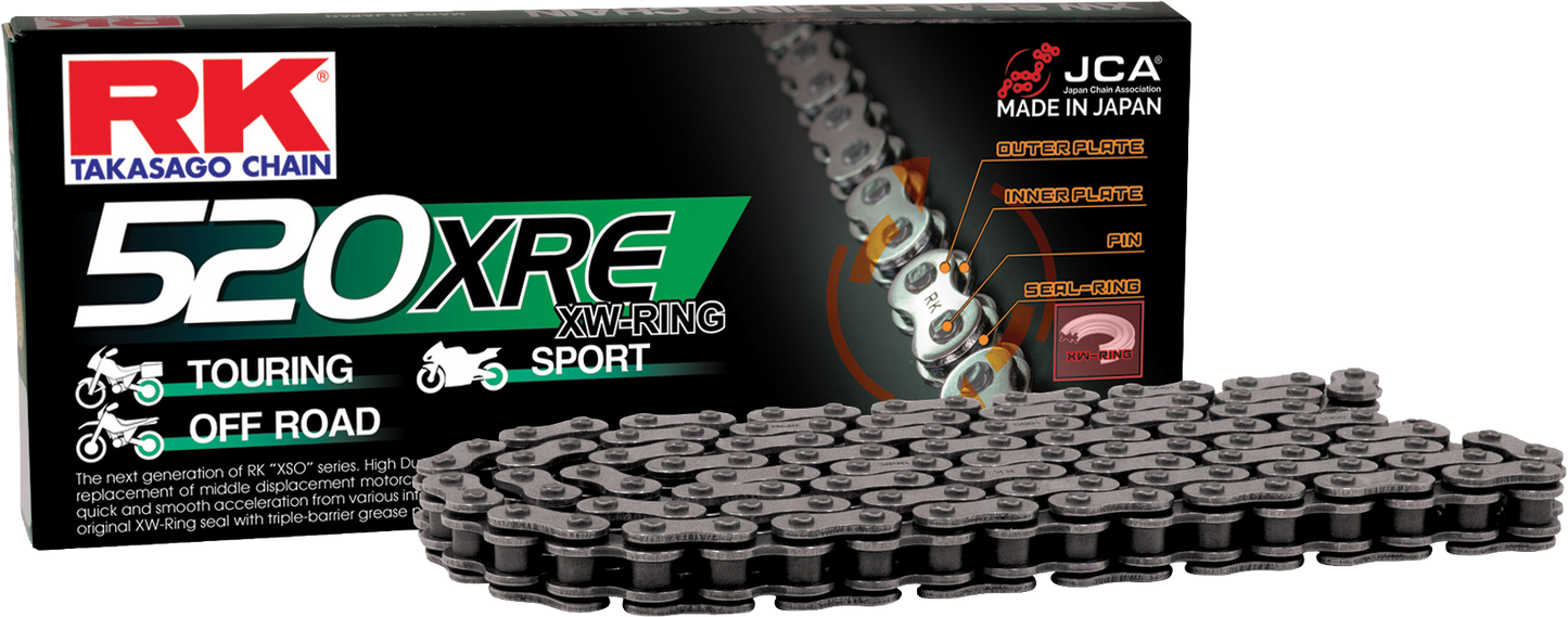 RK EXCEL 520XRE drive chain for street and off-road vehicles, showing a close-up of the durable, metal chain links.