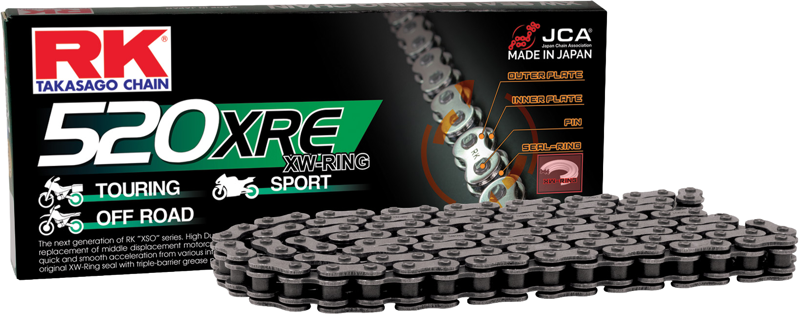 RK EXCEL 520XRE drive chain for street and off-road vehicles, showing a close-up of the durable, metal chain links.