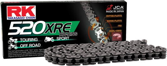 RK EXCEL 520XRE drive chain for street and off-road vehicles, showing a close-up of the durable, metal chain links.