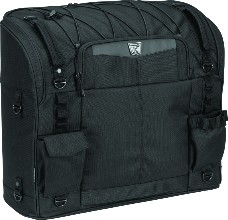 Kuryakyn Momentum Wanderer Seat Bag with 60L storage, padded backrest, and organized compartments for touring passenger seat.