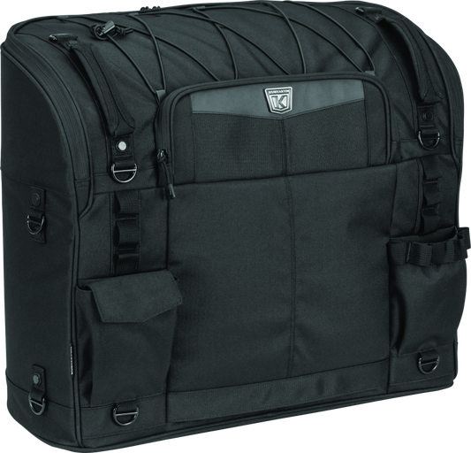 Kuryakyn Momentum Wanderer Seat Bag with 60L storage, padded backrest, and organized compartments for touring passenger seat.