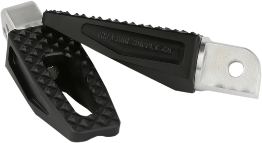 Black THRASHIN SUPPLY CO. Rear P-54 Slim Foot Pegs mounted on motorcycle, showcasing durable metal construction and sleek design.
