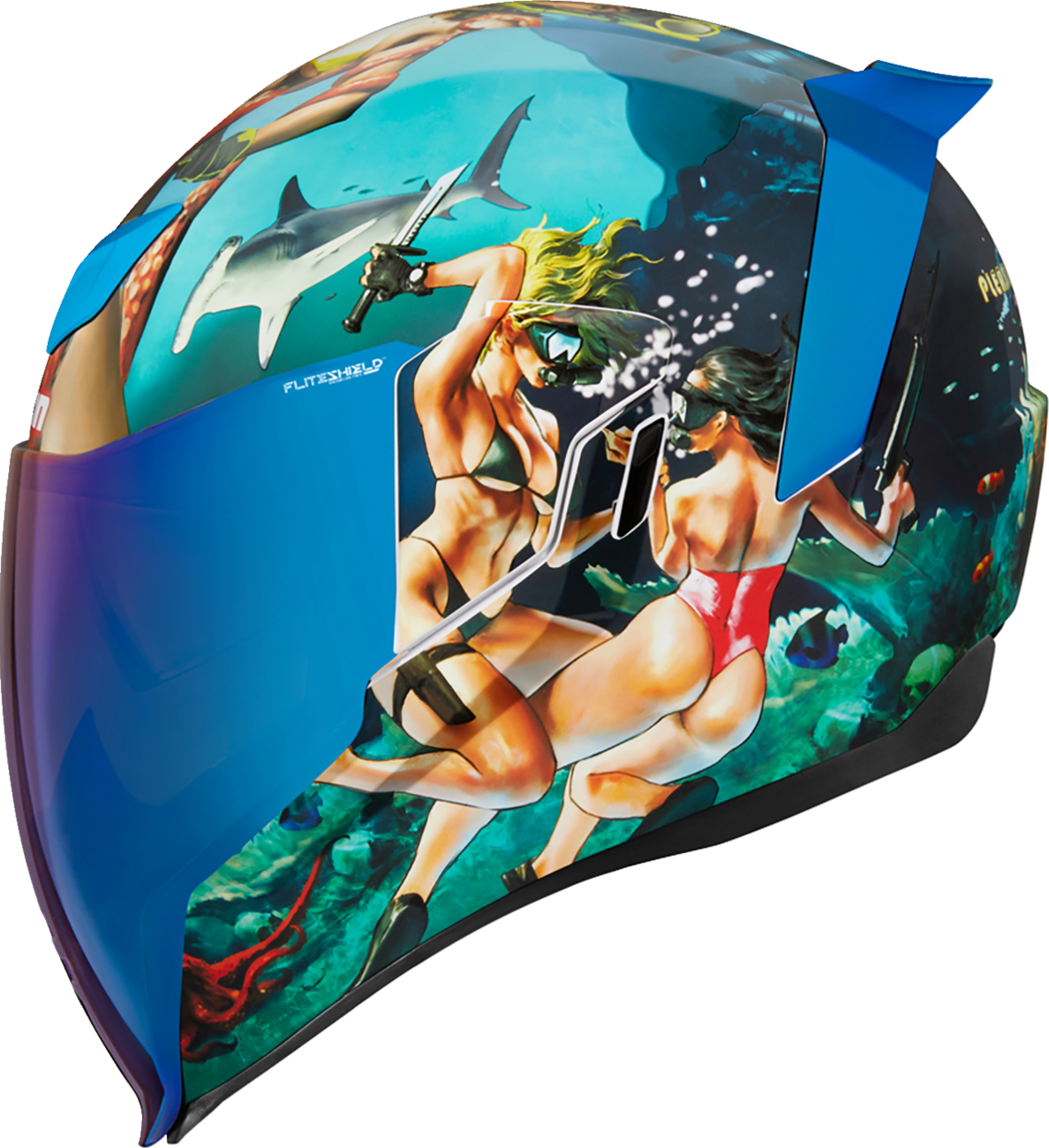 Blue ICON Airflite™ helmet in XS size with Pleasuredome4 design, featuring sleek aerodynamic shape and clear visor.