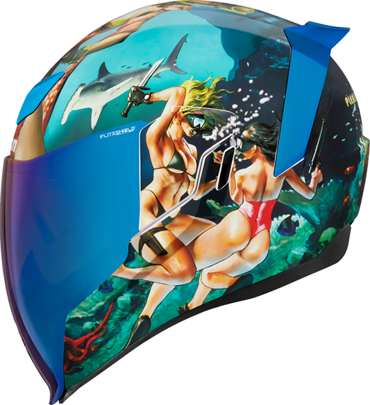 Blue ICON Airflite™ helmet in XS size with Pleasuredome4 design, featuring sleek aerodynamic shape and clear visor.