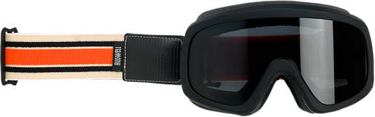 Bill's Exhausts BILT WELL Overland 2.0 Racer goggles in black, orange, and cream with clear lenses and adjustable strap.