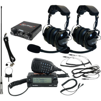 Bill's Exhausts NAVATLAS 2-seat intercom and radio headset kit in black, with headset microphones and control units visible.