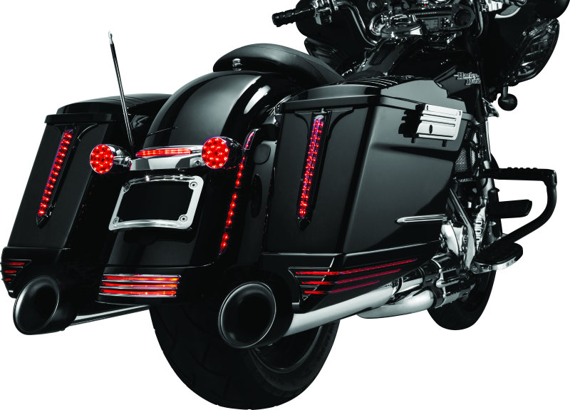 Chrome Kuryakyn rear fender accents for Harley Davidson FLHX and FLTR models, adding stylish detail to motorcycle fenders.