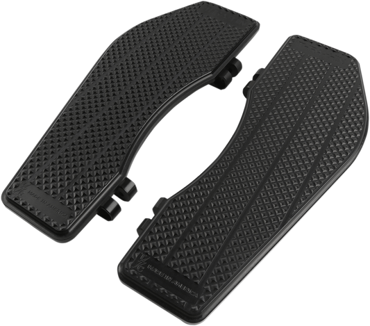 Black THRASHIN SUPPLY CO. Driver Floorboards with enhanced grip and control, designed for motorcycle rider comfort and stability.