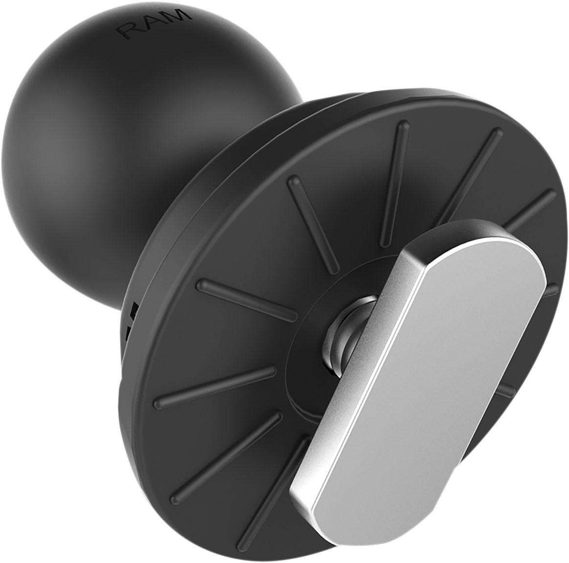 Bill's Exhausts RAM MOUNTS Tough Track Ball engine mount, durable black metal with adjustable ball joint for secure positioning.