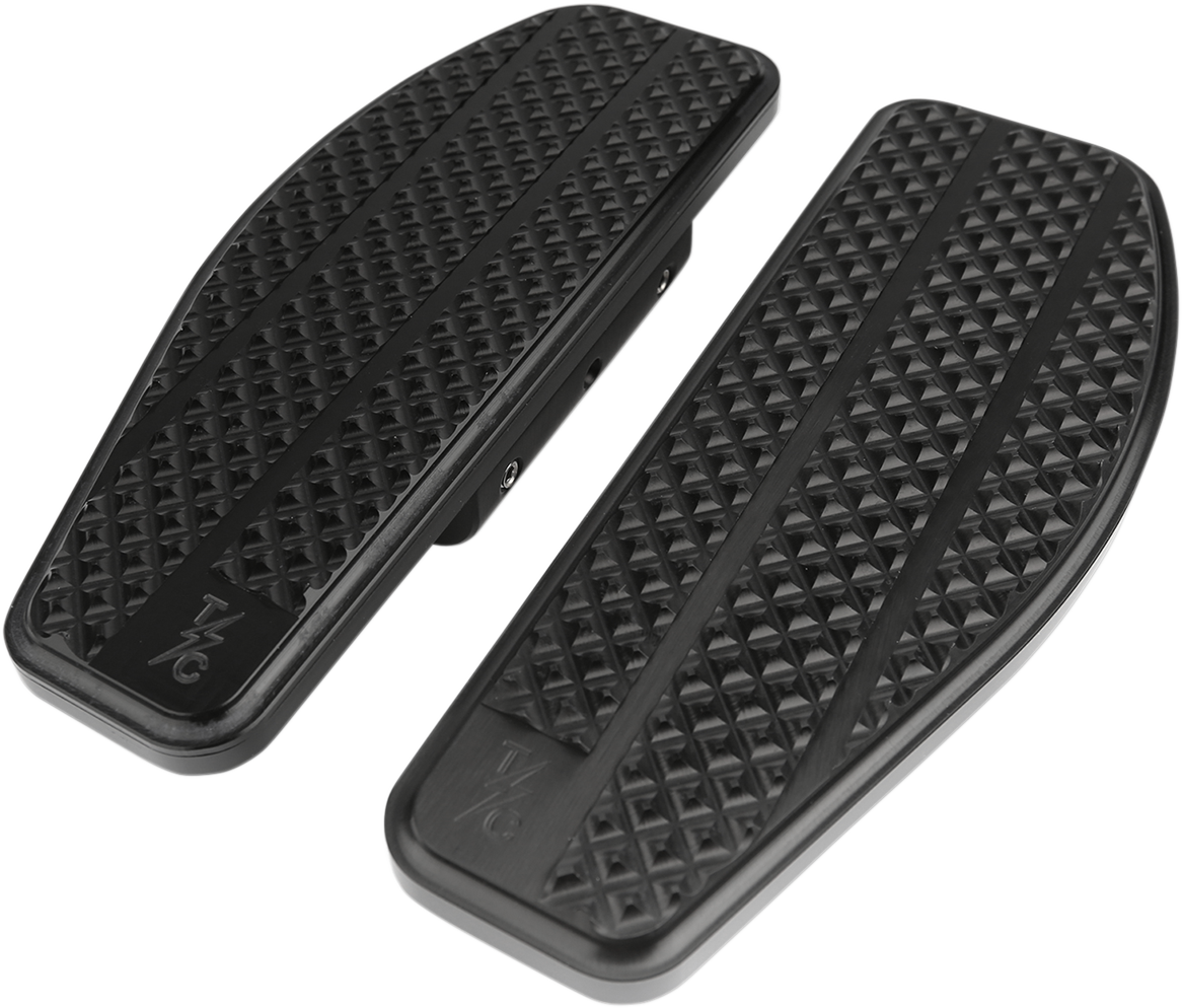 Black passenger floorboards for Harley-Davidson bikes by Thrashin Supply Co., featuring durable metal construction and classic design.