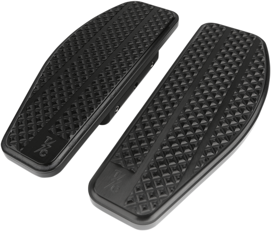 Black passenger floorboards for Harley-Davidson bikes by Thrashin Supply Co., featuring durable metal construction and classic design.