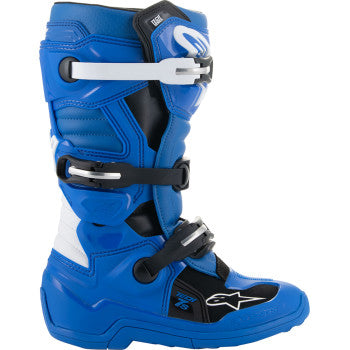 Alpinestars Youth Tech 7S motorcycle boots in blue, black, and white with rugged design and adjustable straps.