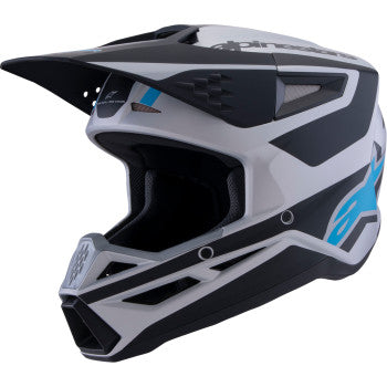 Alpinestars SM3 motorcycle helmet in matte silver, blue, and black, size large, with aerodynamic design and venting features.