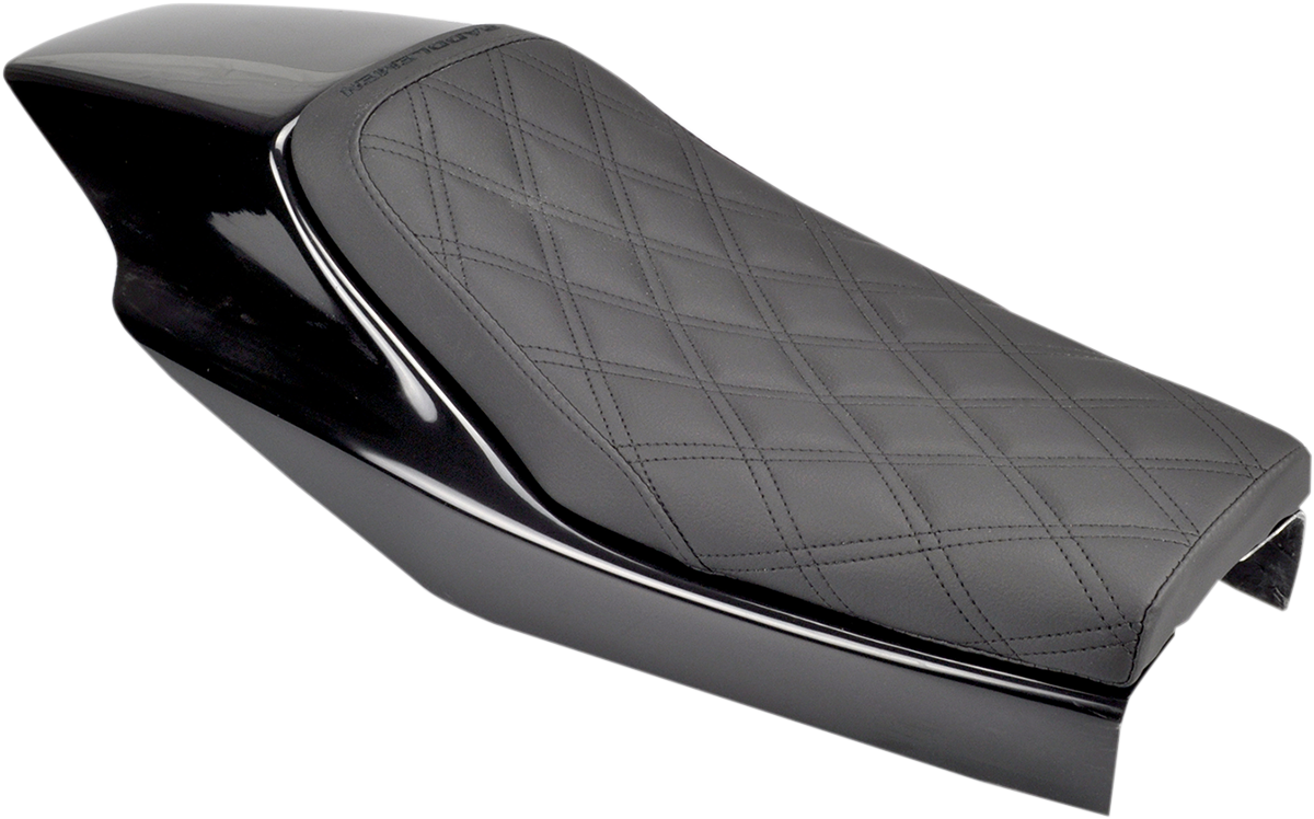 Black SADDLEMEN Eliminator Seat with lattice stitching, designed for Z4204 model, showcasing smooth leather surface and detailed stitching.