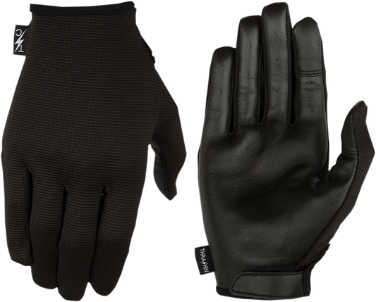 Black THRASHIN SUPPLY CO. Stealth Leather Palm Gloves in size 2XL, showing the durable leather palms and snug fit style.