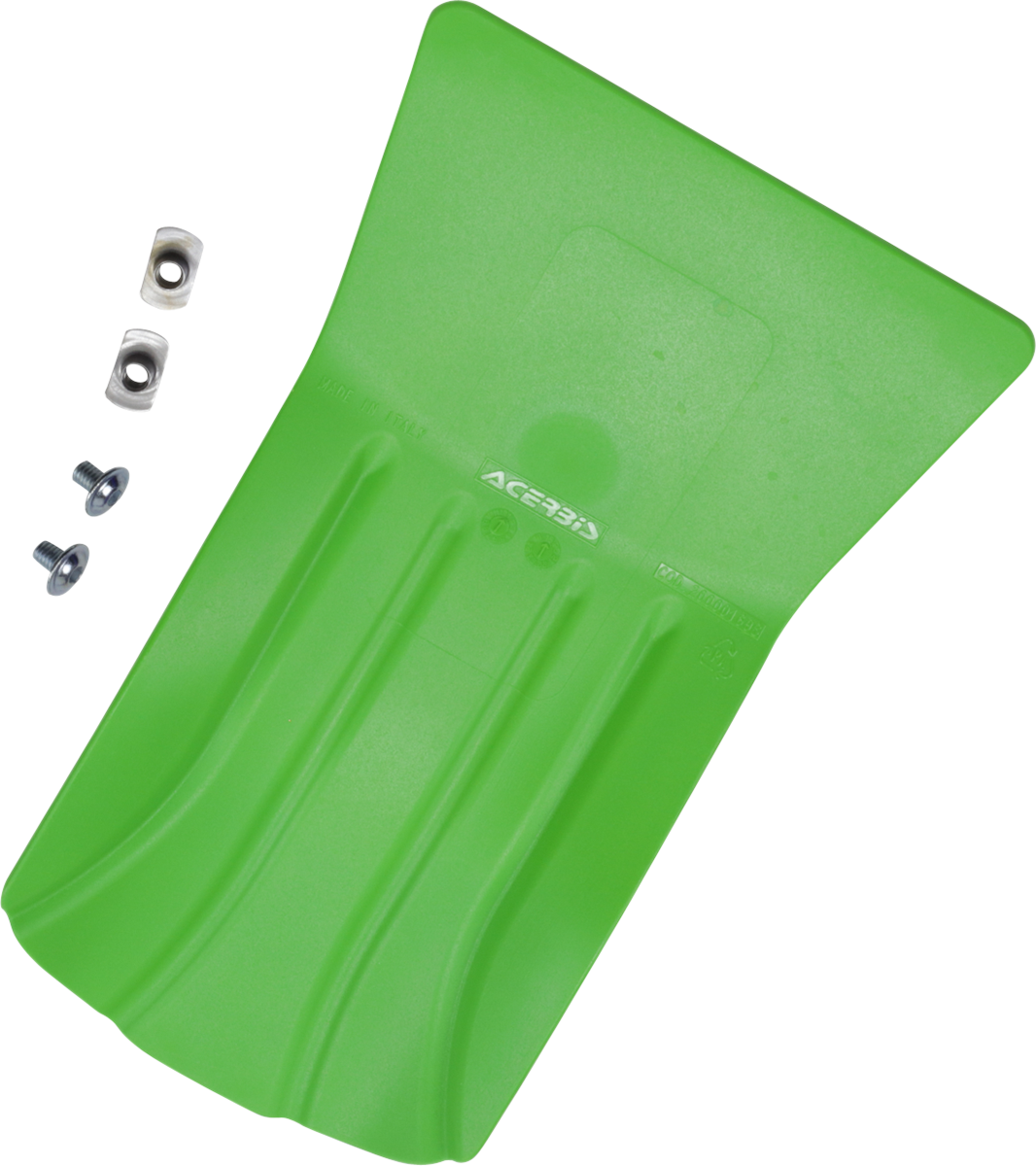 Green Acerbis skid plate for motorcycles, universal body protection part with mounting features, designed for durability and off-road use.