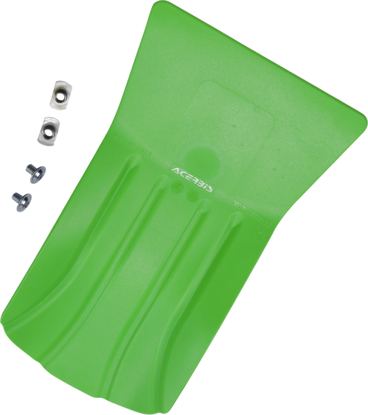Green Acerbis skid plate for motorcycles, universal body protection part with mounting features, designed for durability and off-road use.