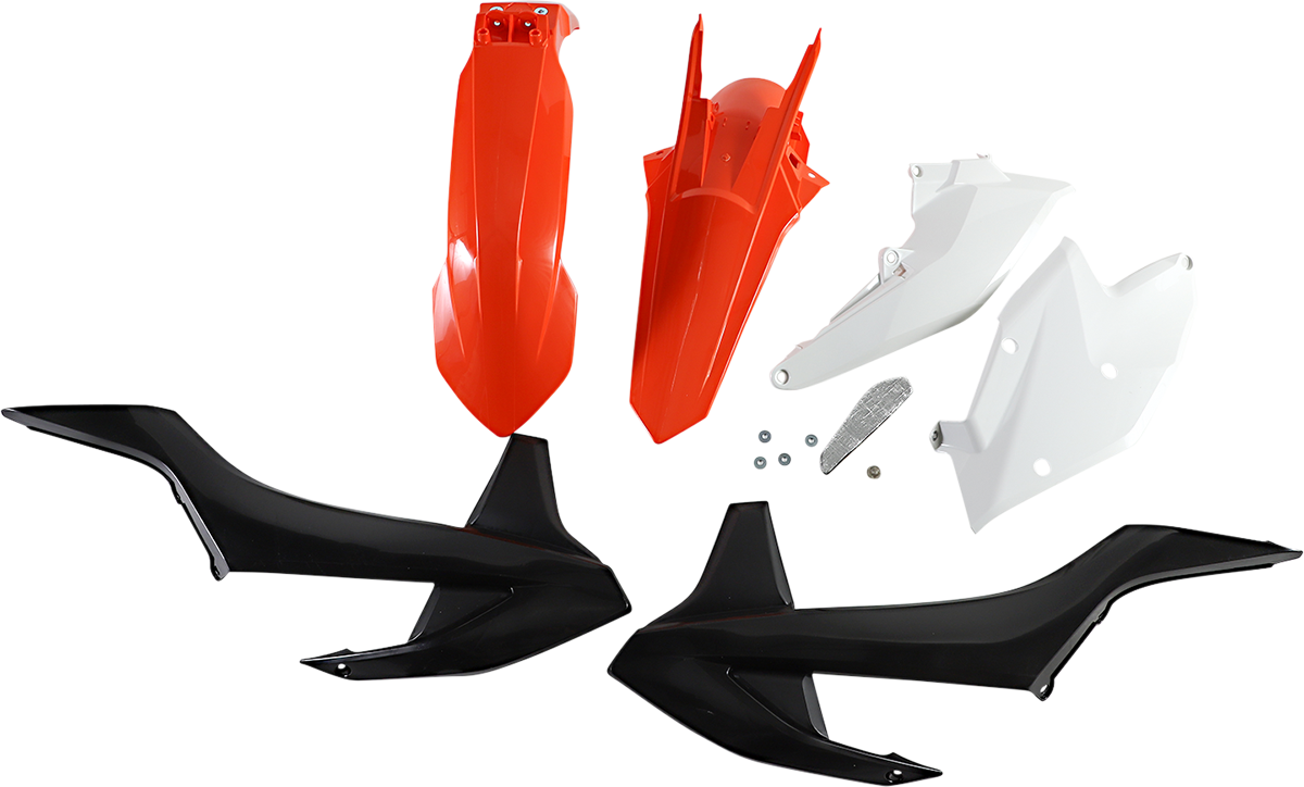 Acerbis standard replacement body kit for OEM 2018-2019 motorcycle, shown on a workshop table with parts laid out.