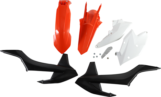 Acerbis standard replacement body kit for OEM 2018-2019 motorcycle, shown on a workshop table with parts laid out.