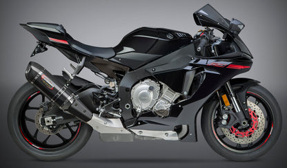 YOSHIMURA Yoshimura Exhaust Signature Alpha Slip-On SS CF with matte carbon fiber end cap, showcasing sleek motorcycle exhaust design.