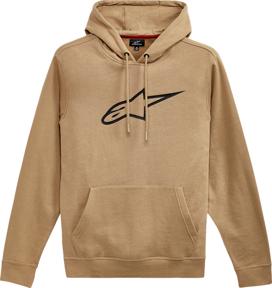 Alpinestars Ageless Pullover Hoodie in sand and black, 2XL, featuring a front logo and casual fit, displayed on a hanger.