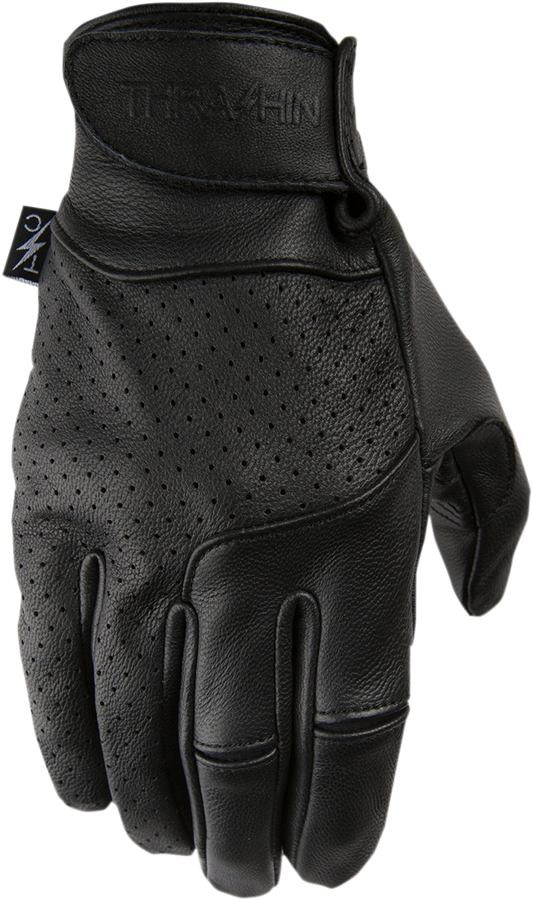 Black Siege leather gloves by THRASHIN SUPPLY CO. in medium size, shown with detailed stitching and durable leather material.