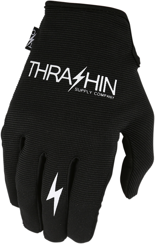 Black Thrasin Supply Co. Stealth Gloves in XL size, showing close-up of textured finger and palm grip for enhanced dexterity.